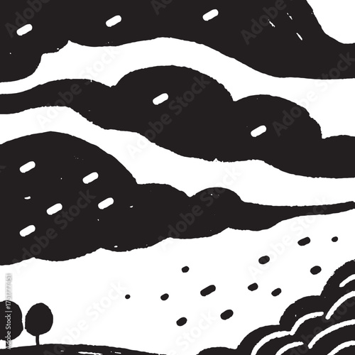 Abstract Cloudy Landscape Illustration in Black and White Minimalist Nature Art Design.
