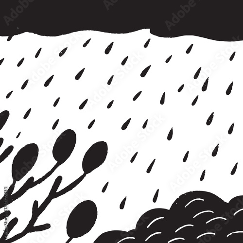 Black and White Abstract Rain Art Minimalist Nature Brush Texture Design.
