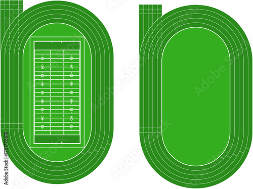 Running athletics track with soccer stadium. Top view of arena field with lines and marks. Stadium, race track, arena and field or cycling venue, field for sports competitions. Vector or png image.