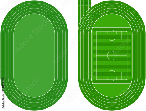 Running athletics track with soccer stadium. Top view of arena field with lines and marks. Stadium, race track, arena and field or cycling venue, field for sports competitions. Vector or png image.