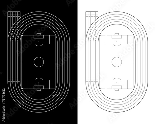 Running athletics track with soccer stadium. Top view of arena field with lines and marks. Stadium, race track, arena and field or cycling venue, field for sports competitions. Vector or png image.