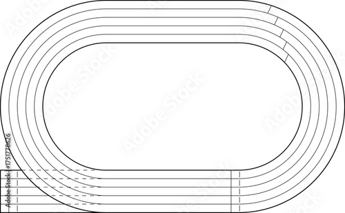 Running athletics track with soccer stadium. Top view of arena field with lines and marks. Stadium, race track, arena and field or cycling venue, field for sports competitions. Vector or png image.