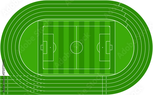 Running athletics track with soccer stadium. Top view of arena field with lines and marks. Stadium, race track, arena and field or cycling venue, field for sports competitions. Vector or png image.