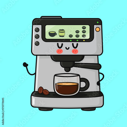 Cute kawaii coffee machine making espresso coffee