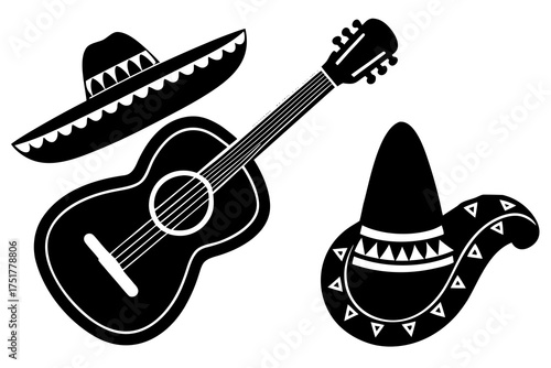 Mexican Guitar and Sombrero Vector Icons, Mariachi Music Elements for Día de los Muertos Celebration 