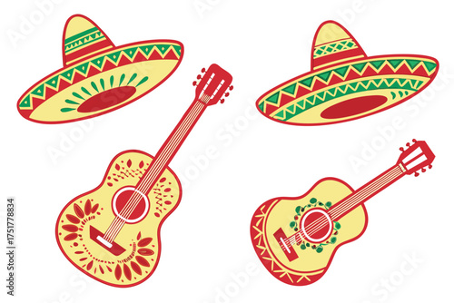 Mexican Guitar and Sombrero Vector Icons, Mariachi Music Elements for Día de los Muertos Celebration 