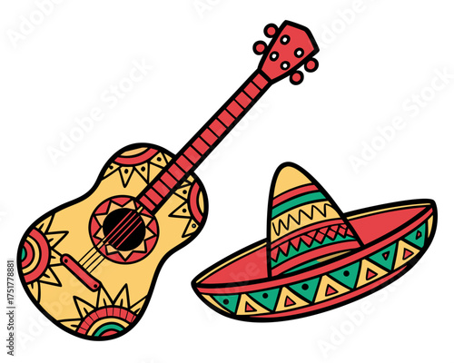 Mexican Guitar and Sombrero Vector Icons, Mariachi Music Elements for Día de los Muertos Celebration isolated on white background