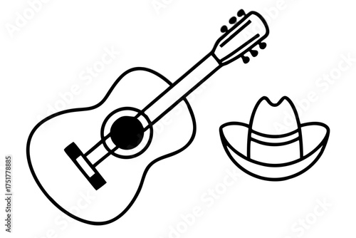 line art Mexican Guitar and Sombrero Vector Icons, Mariachi Music Elements for Día de los Muertos Celebration isolated on white background