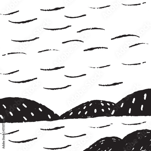 Minimalist Black and White Landscape Illustration Abstract Mountain and Waves Line Art