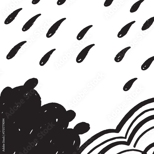 Minimal Rain and Rainbow Illustration in Black and White Abstract Cloud Line Art Design
