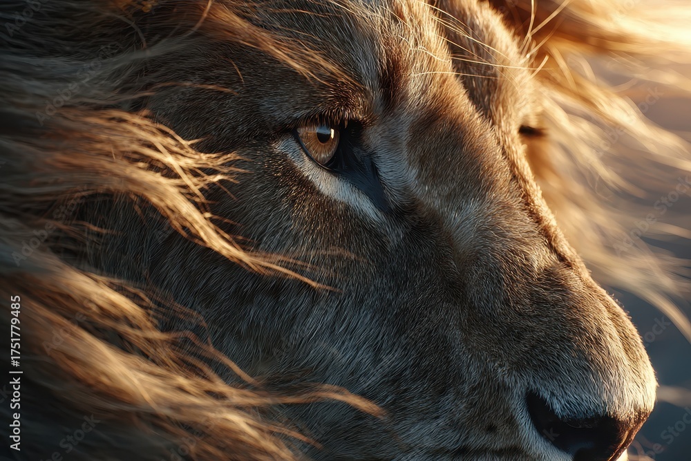 Naklejka premium Close up of a majestic lion with detailed fur and eye