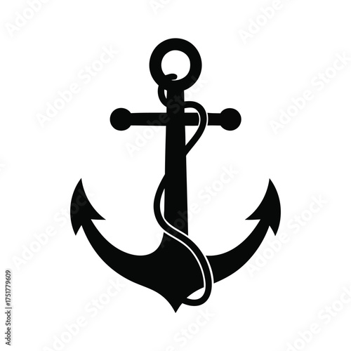 Classic black anchor symbol with rope nautical maritime design element