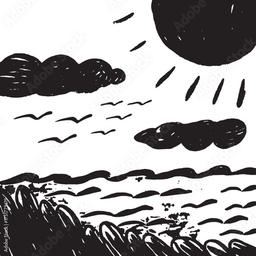 Minimalist Seaside Illustration in Black and White Hand-Drawn Ocean Waves and Sun Art