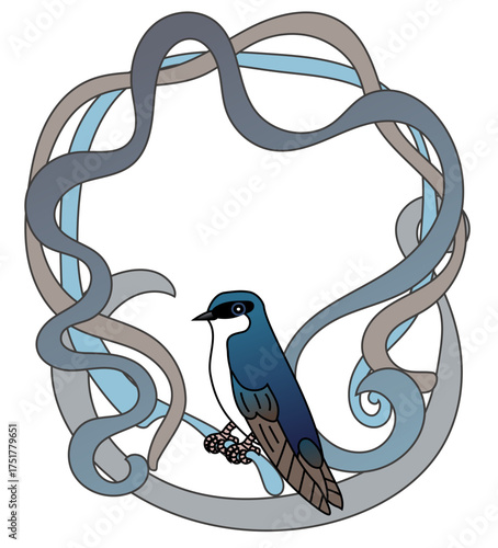 A tree swallow bird, Tachycineta bicolor, sitting on a branch forming an ornamental art nouveau style frame. Vector drawing.