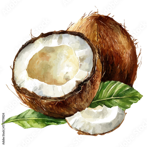 Coconut watercolor vector illustration, high-quality artwork isolated on a pure white background.