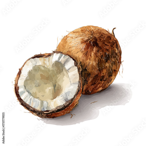 Coconut watercolor vector, hand-painted style, high-quality illustration isolated on white background.