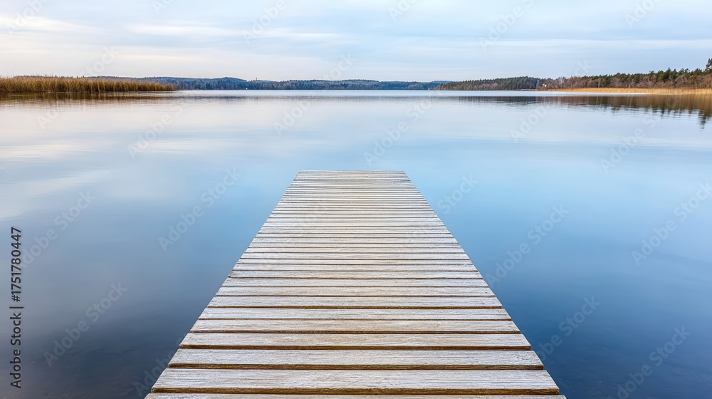 Naklejka premium Serene dock extending over calm water, reflecting tranquil landscape