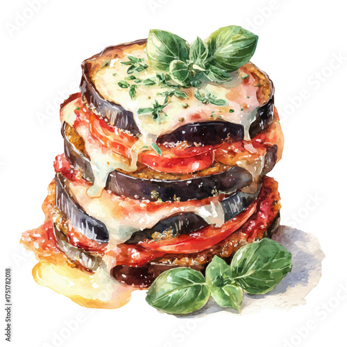 Watercolor Eggplant Parmesan vector, artistic painting style, high-resolution illustration on a pure white background.