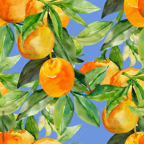 A branch of ripe tangerines. Seamless pattern.Image on white and colored background.