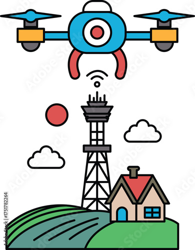 A drone is flying over a house and a tower