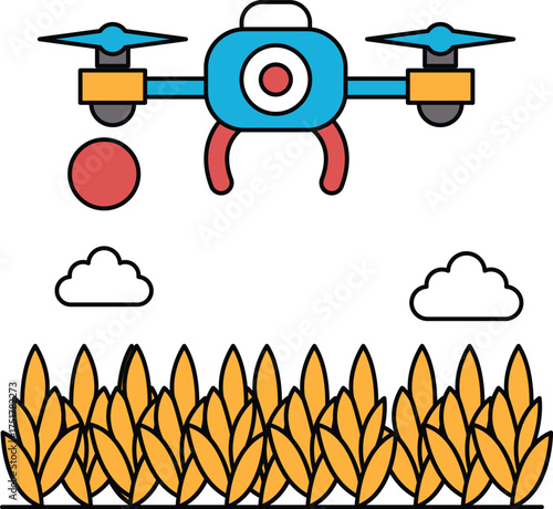 A black and white drawing of a drone flying over a field of corn