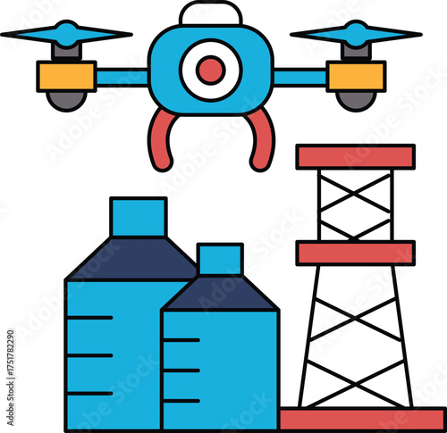 A black and white drawing of a drone flying over a power plant and a water tower