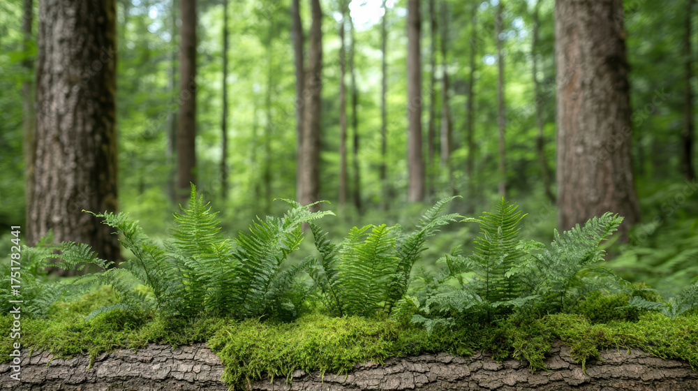 Naklejka premium Lush ferns and moss thrive on fallen log in vibrant forest, creating serene atmosphere