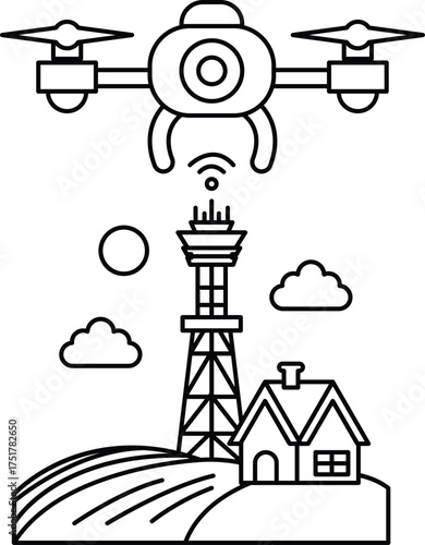 A drone is flying over a house and a tower