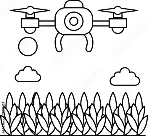 A black and white drawing of a drone flying over a field of corn