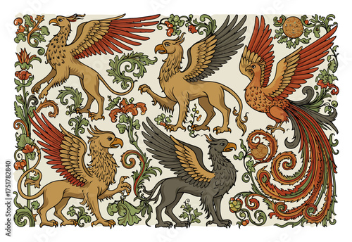 Medieval Tapestry Banner: Mythological Bestiary Vector