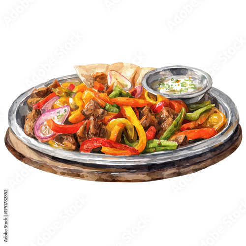 Fajita Platter watercolor vector illustration, high-quality artwork isolated on a pure white background.