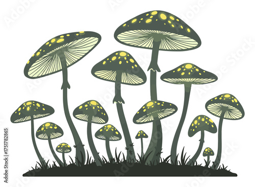 Bioluminescent Mushroom Forest Illustration, Vector Design