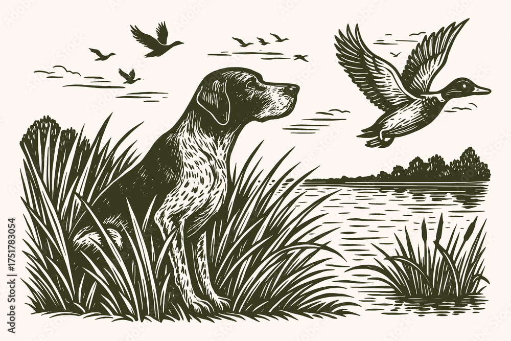 Fototapeta premium Hunting dog and ducks vintage engraving nature scene vector illustration