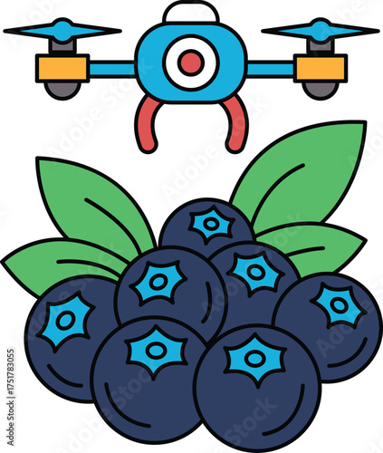 A black and white drawing of a drone flying over a bunch of blueberries