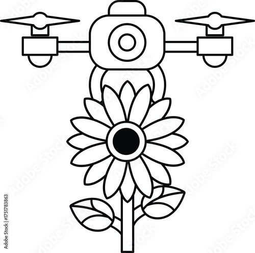 A black and white drawing of a flower with a camera on top of it