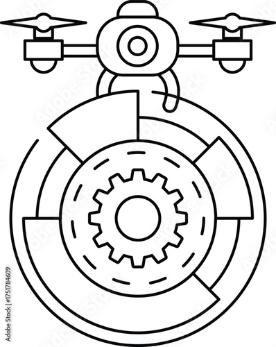 A drone is hovering over a gear