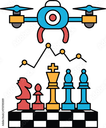 A black and white drawing of a drone flying over a chess board