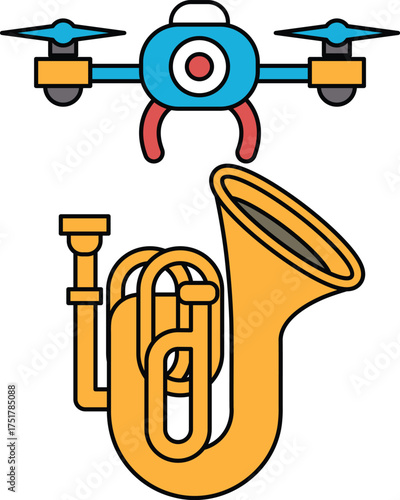 A black and white drawing of a trombone and a drone