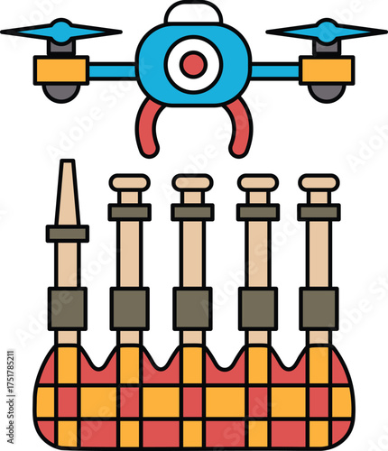A drone is flying above a set of five tambourines