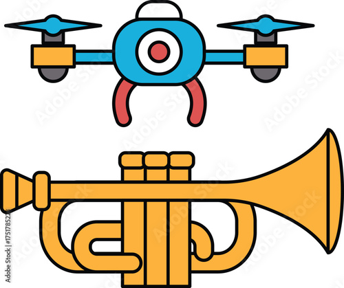 A trumpet and a drone are shown side by side