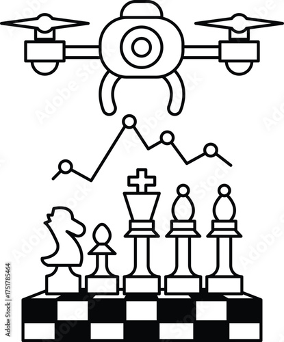 A black and white drawing of a drone flying over a chess board