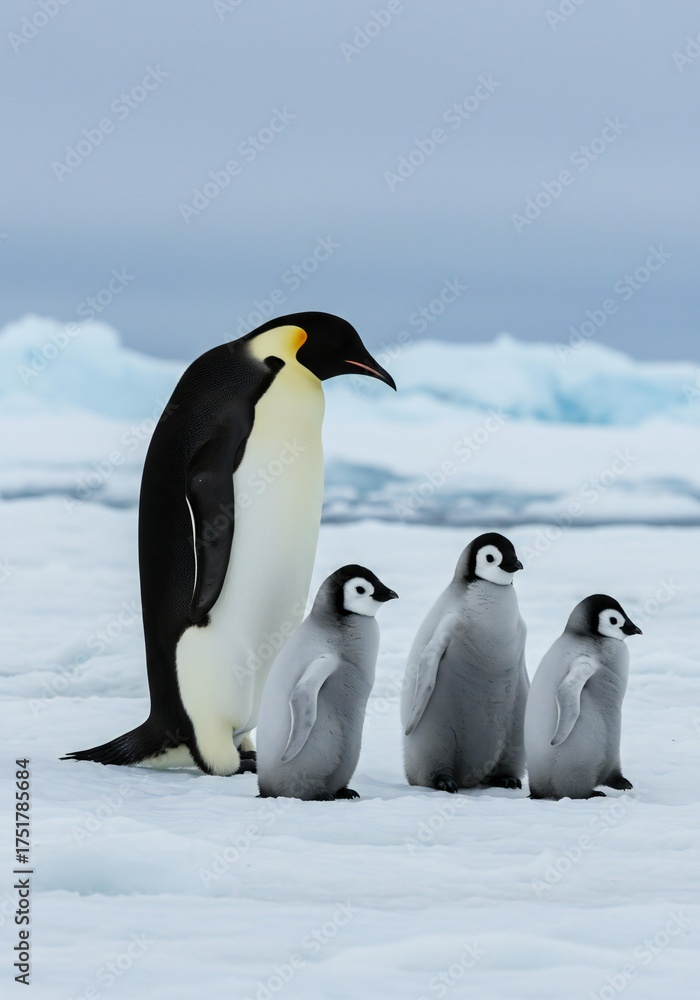 Obraz premium Emperor penguin family strolls across icy terrain under antarctic sky on a cold day