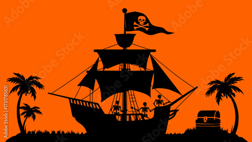 Pirate ship sailing adventure on tropical island with palm trees and treasure chest with skeleton crew art vector illustration