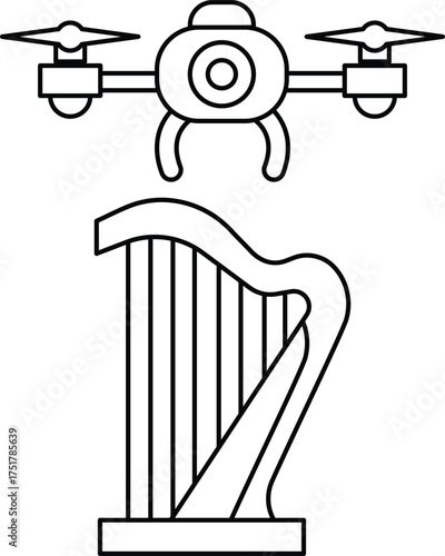 A drone is flying above a harp