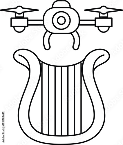 A black and white drawing of a drone and a harp