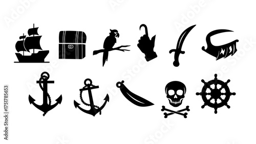 Pirate ship treasure chest parrot hook sword bandana anchor skull wheel vector illustration silhouette set vector illustration