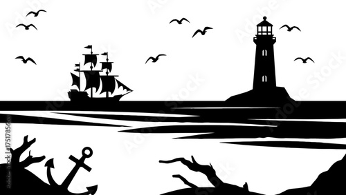 Black and white silhouette of a sailing ship lighthouse ocean birds anchor nautical scene seascape vector art vector illustration
