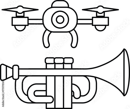 A trumpet and a drone are shown side by side
