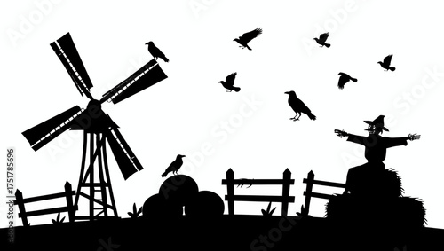 Windmill scarecrow crows silhouette farm landscape rural scene halloween autumn harvest black and white october vector illustration