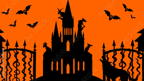 Halloween haunted castle bats and wolf silhouette spooky night scene halloween vector illustration design vector illustration